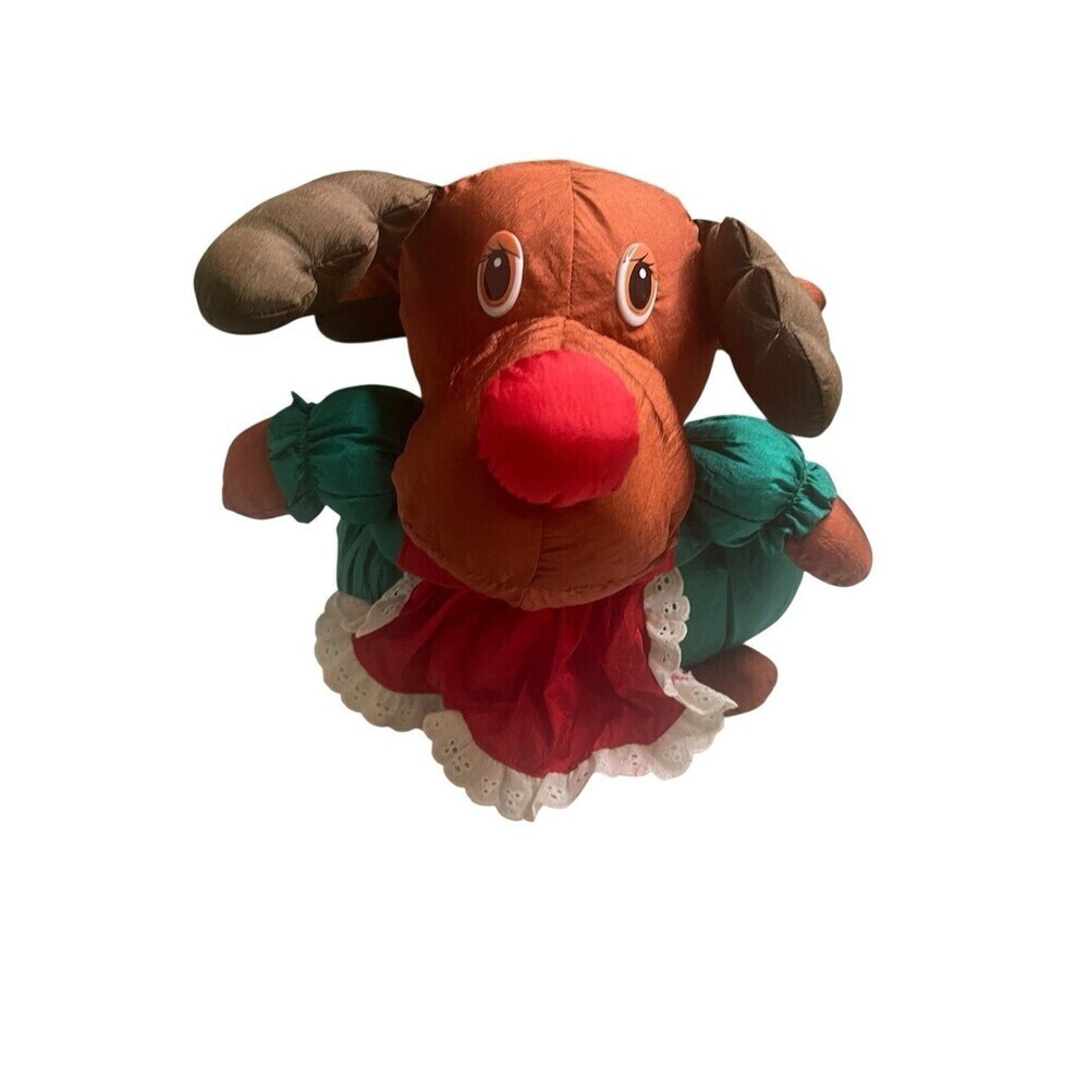 Vtg Christmas Reindeer RARE 12" PUFFALUMPS Green Holiday Storage Basket 1980s